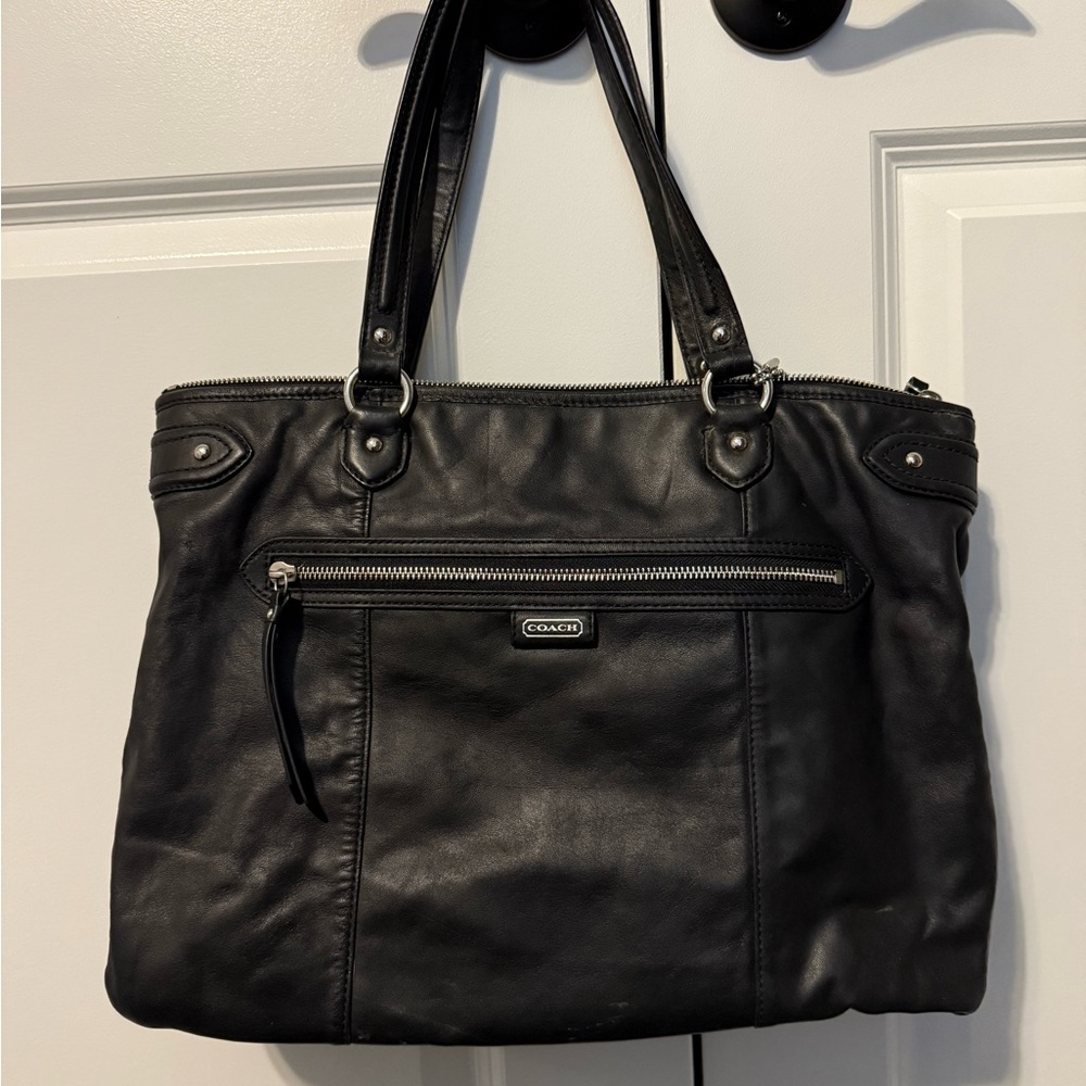 Coach Black Leather Tote with Silver Hardware